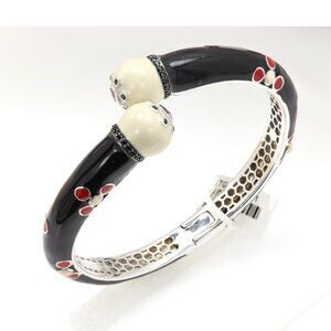 Sterling Silver Large Bangle Cuff Bracelet Black white and red Enamel & Quartz